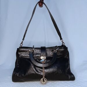 Charles Jourdan Satchel Bag with Shoulder Strap Ostrich Leather Textured Black